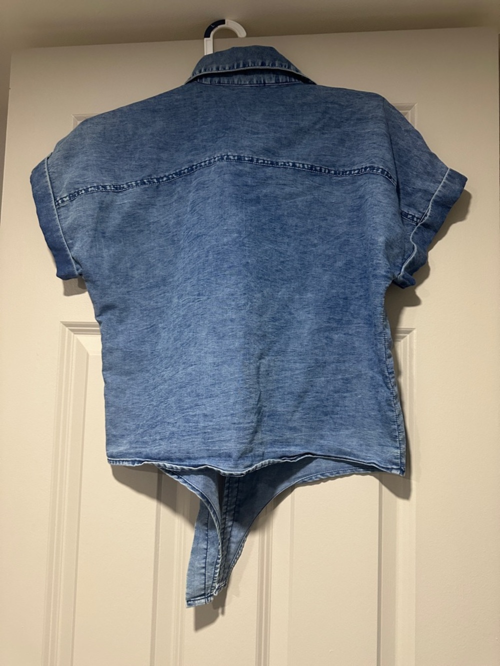 Denim Tie-Front Short Sleeve Shirt - Blue - Picture 3 of 3